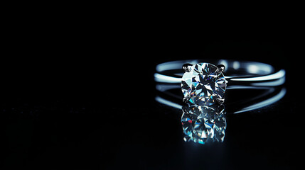 Diamond ring on black background, showcasing brilliance and elegance, symbolizing luxury, commitment, and preciousness. Free space for text