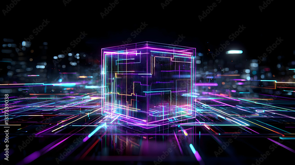 Poster 3d rendered glowing neon cube digital data network
