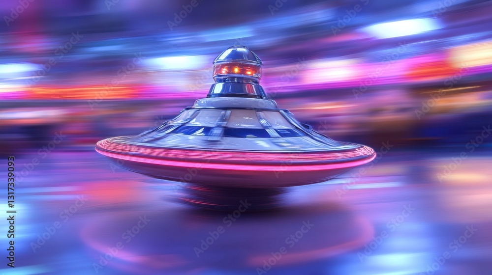Poster spinning futuristic toy with vibrant lights and blurred background, creating a dynamic and surreal s