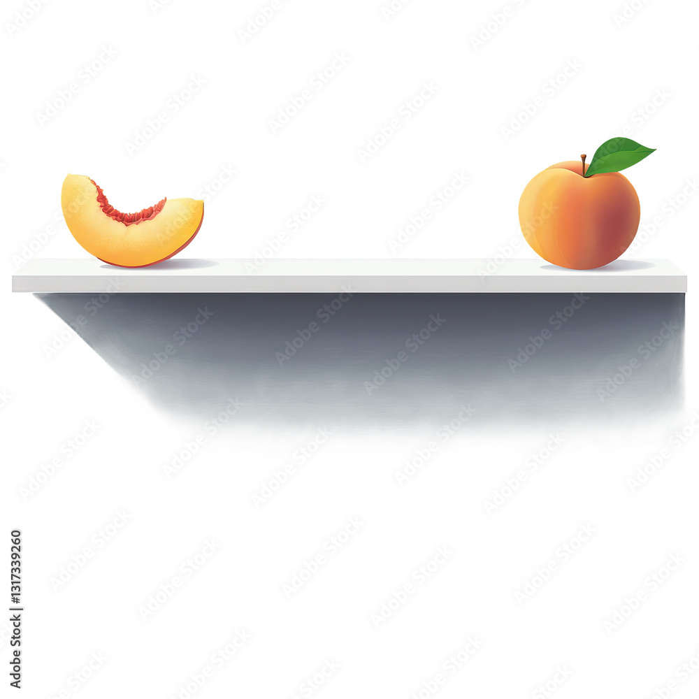 Poster vibrant peaches displayed on a simple white shelf with a soft-focus background highlighting their co
