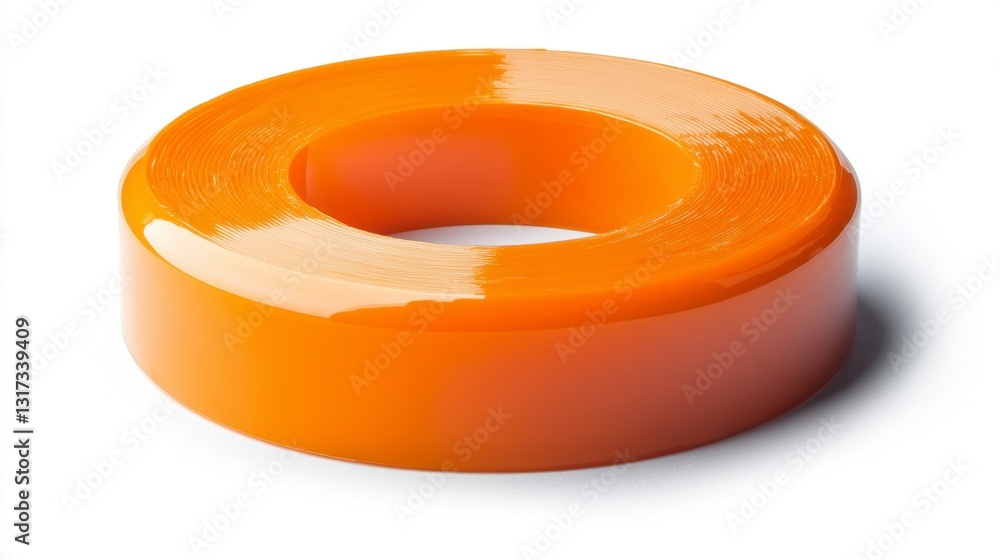Poster close up view of a glossy, orange cylindrical object with a central hole. the object is shown on a w