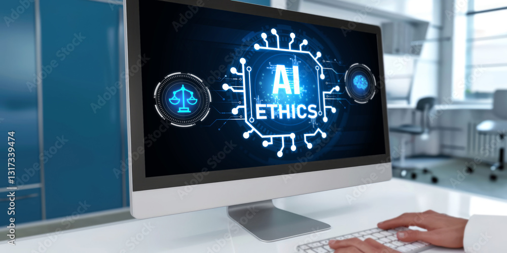 Poster ai ethics responsibility standard law and rules on computer screen provide report of ai ethic transp