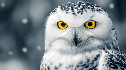 Obraz premium close up portrait of wise looking snowy owl with piercing yellow eyes, set against blurred snowy background, capturing essence of winter