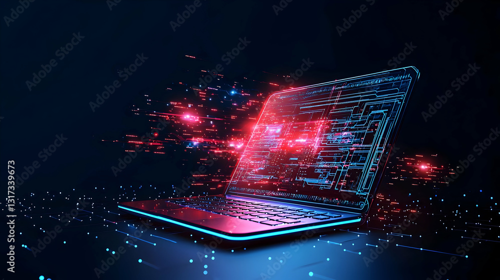 Poster 3d rendered pixelated laptop with data stream in red and blue against a dark background