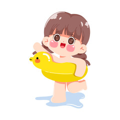 Happy cartoon cute girl in summer animated character hand draw art illustration. Premium vector design.