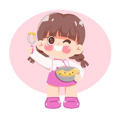 Happy cartoon cute girl cooking animated character hand draw art illustration. Premium vector design.