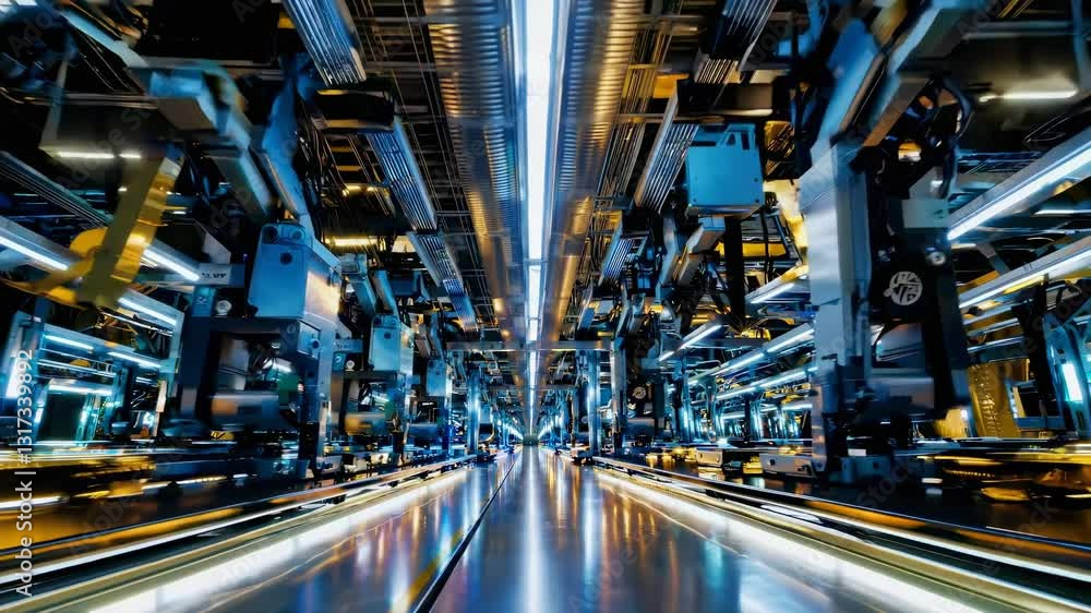 Poster automated production line. advanced manufacturing corridor with symmetrical robotic machinery. preci