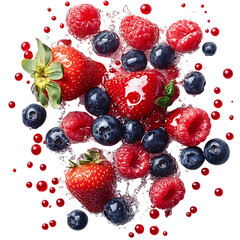 Blueberries Strawberries and Raspberries Falling Into Water Isolated on Transparent Background