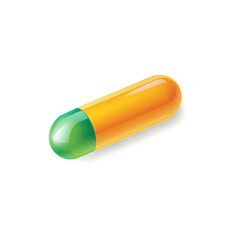 Vibrant capsule with a half orange and half green design, glowing softly against a yellow background