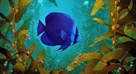 A mysterious Butterflyfish with a deep indigo hue and bioluminescent 