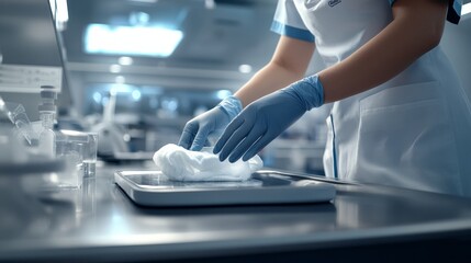 Healthcare professional sanitizing medical equipment in hospital lab clinical environment close-up action
