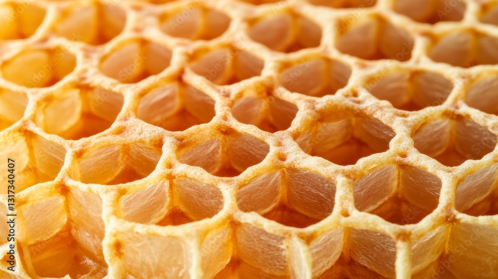 Poster close up view of a honeycomb, showcasing the intricate hexagonal structure and golden amber color of
