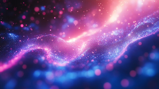Vibrant abstract wave with glowing particles in blue and pink tones, ideal for modern and futuristic design elements.