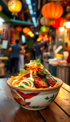 Fototapeta premium Vietnamese Caramelized Pork Belly Banh Mi With Pickled Daikon Oriental Street Food: Vibrant Asian Cuisine with Fresh Ingredients and Exotic Flavors in a Festive Night Market Atmosphere