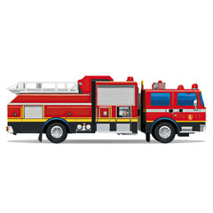 A vibrant red toy fire truck with a detailed design, showcasing ladders, lights, and wheels, set against a transparent background