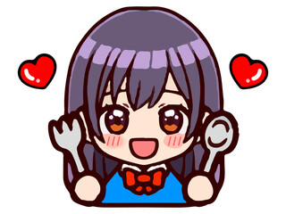ご飯を食べる女子高生ちびキャラのイラスト素材