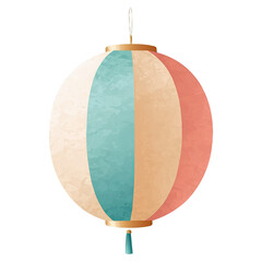 Obraz premium A vibrant round lantern with alternating colors of teal, peach, and coral, featuring a decorative tassel, glowing softly against a smooth backdrop