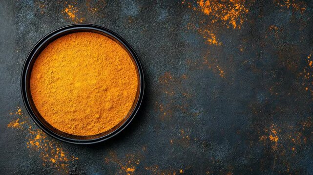 Bright orange turmeric powder in a round container on a textured dark surface