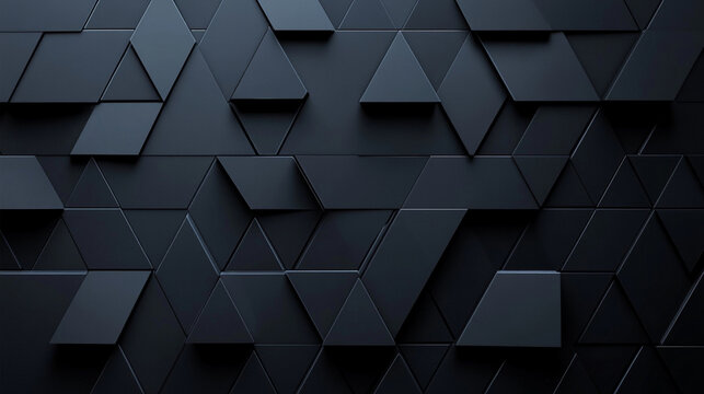 Dark geometric 3D background with black triangular patterns, creating a futuristic and elegant texture for design use.