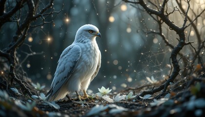 Fototapeta premium Majestic White Hawk in Mystical Forest Setting Fantasy Bird
