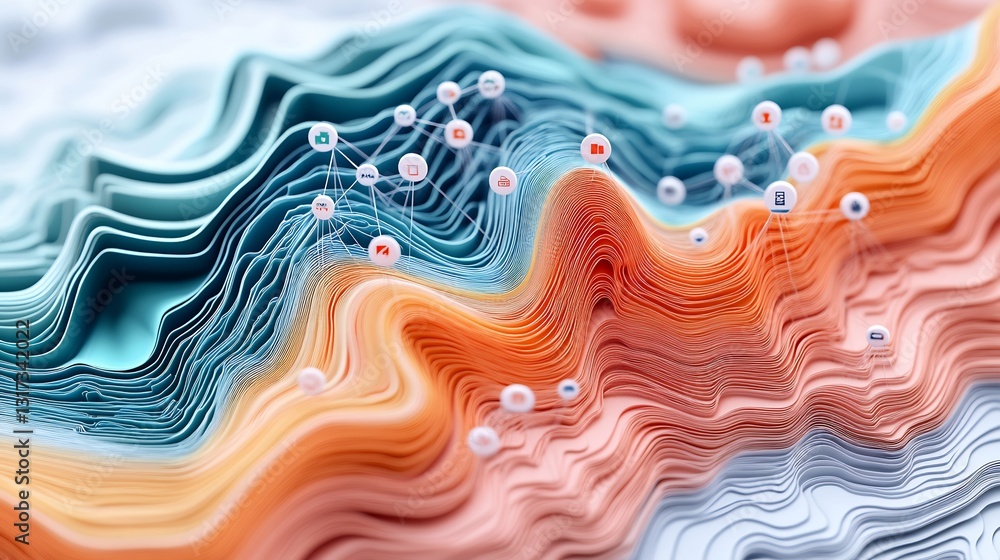 Poster Abstract visualization of market segmentation featuring overlapping layer symbolic node targeting strategy