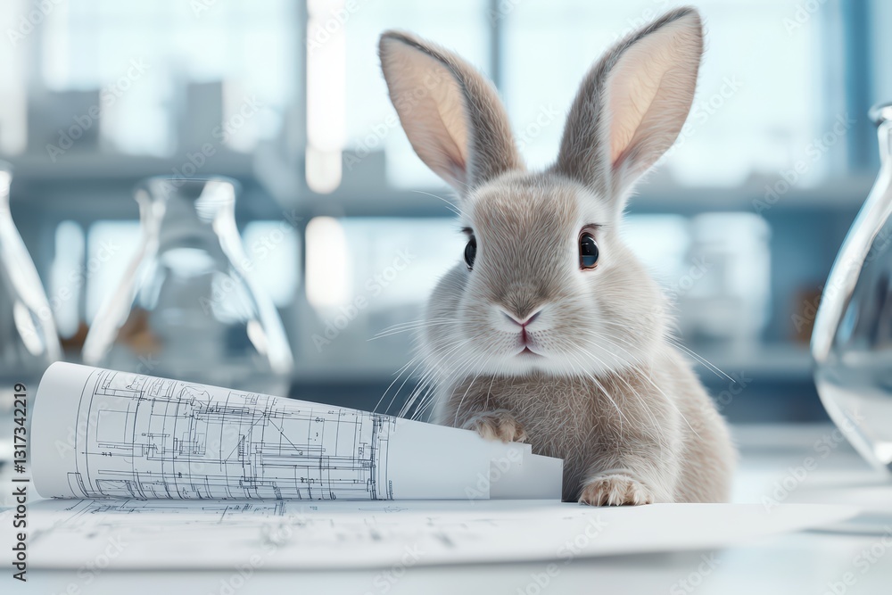 Poster 3d render of a cute rabbit with blueprints in a modern design studio setting
