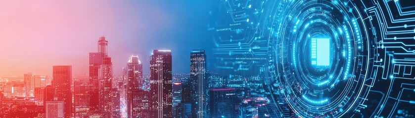 Fototapeta premium Futuristic Digital Cityscape with 3D Rendered Tech Elements and AI Avatars Interaction