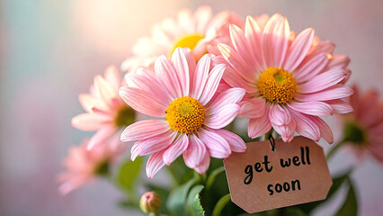 Gute Besserung Pink daisy flowers with get well soon message for encouragement
