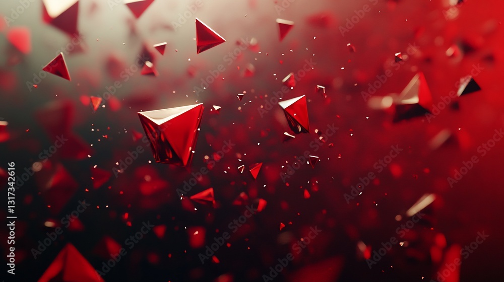 Poster abstract red geometric shapes floating in dark space: a 3d render of crimson tetrahedrons