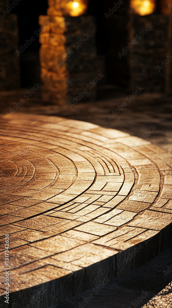 Poster circular stone pavement, showcasing concentric design, illuminated by warm light, creating a stage-l