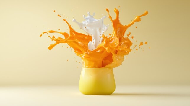 Dynamic splash of orange liquid from a yellow vase, vivid and artistic display of color motion