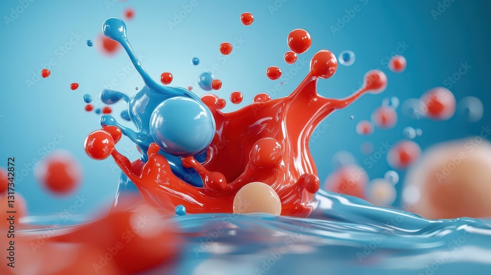 Poster captivating collision of red and blue liquids, an abstract fluid art display dynamic