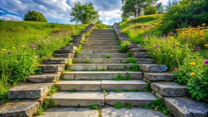 Stone Steps Leading Upward Through a Lush Meadow, Embellished with a Tapestry of Wildflowers and Vibrant Green Foliage