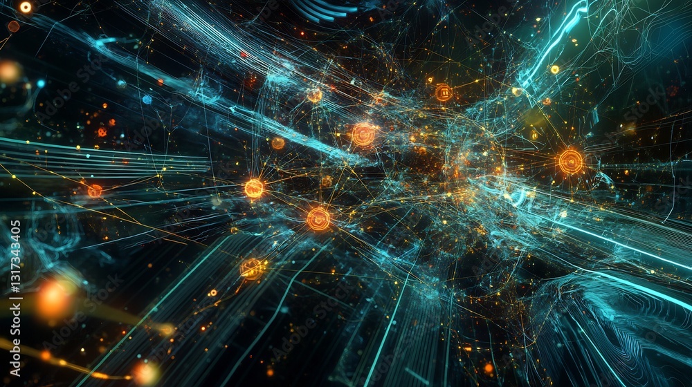 Poster Abstract visualization of technological advancement showcasing futuristic nodes data streams symbolizing innovation