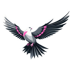 Fototapeta premium Illustration of a stylized bird with vibrant pink accents against a soft gray background, displaying its wings fully spread, signifying freedom and
