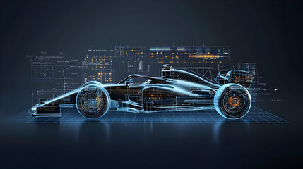 Abstract Wireframe Model of a Futuristic Formula One Race Car Speeding Through the City at Night with Blue Lights