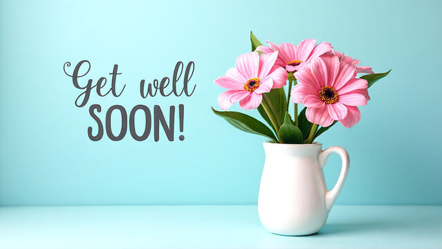 Pink Gerbera Daisies in White Pitcher Get Well Soon Message