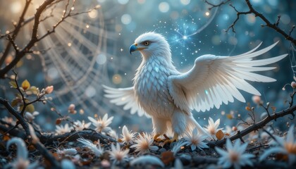 Majestic White Eagle Soaring in Enchanting Floral Forest Scene