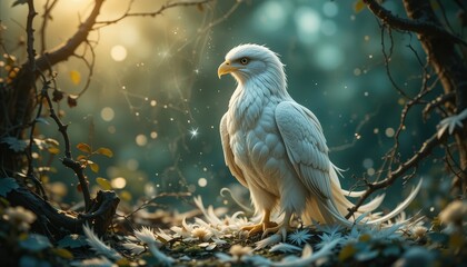 Fototapeta premium Majestic White Eagle in Enchanting Forest Setting Sunlit Scene