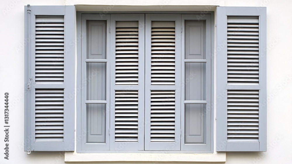 Poster grey wooden window shutters on a white wall. the shutters are partially open, revealing a window wit