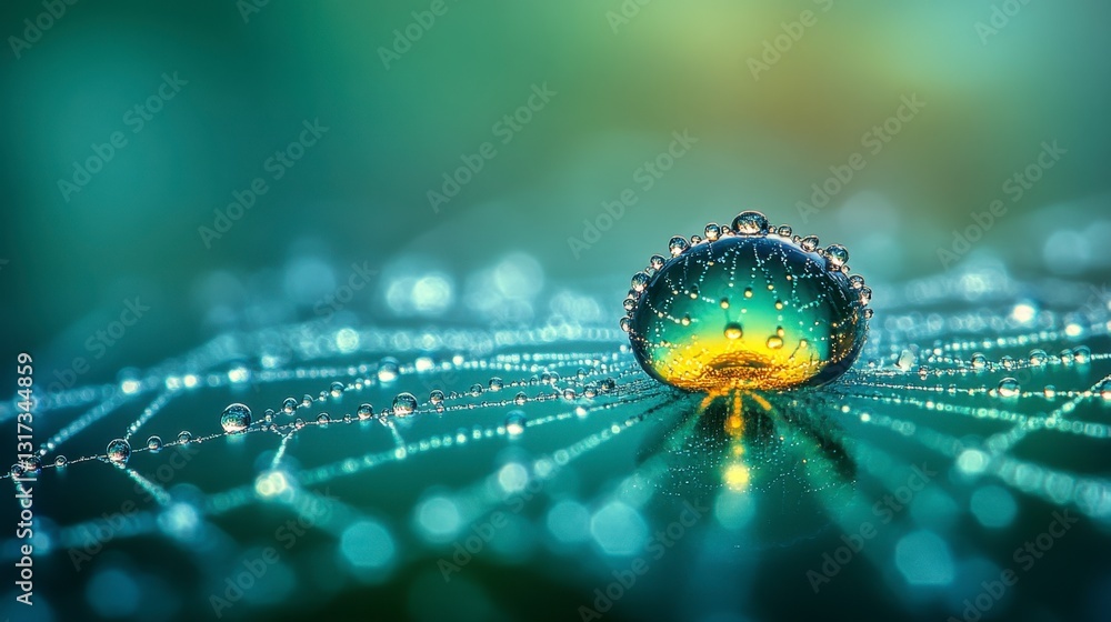 Aufkleber close up of a dewdrop on a spiderweb, illuminated with soft light, showcasing intricate web details 