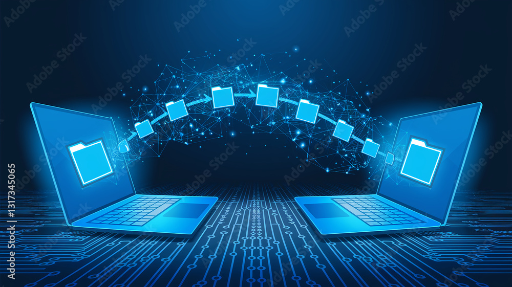 Poster two laptops transfer data files across a network, symbolized by glowing lines and nodes, representin