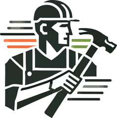 Construction worker with hammer and hard hat. A professional builder holding a hammer and working on a construction site.