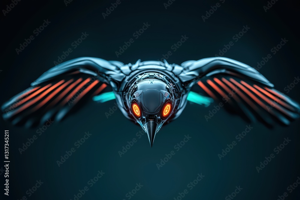 Poster futuristic robot bird delivering holographic messages in a dynamic multicolor setting