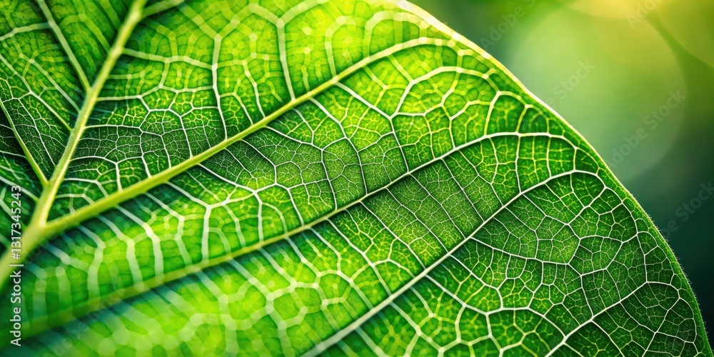 Poster a close-up view of a vibrant green leaf, revealing intricate veins that create a mesmerizing natural