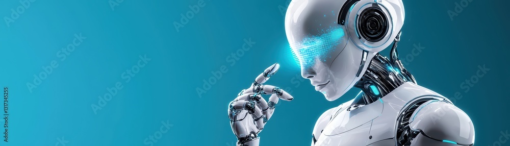 Poster futuristic robot signing messages in holographic format with advanced technology background