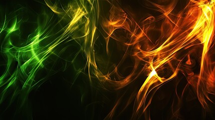 Abstract fiery green and orange swirls, dark background, energy concept, design element