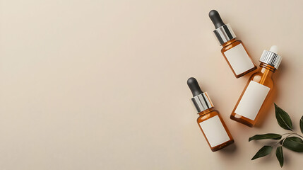 Naklejka premium Three Amber Glass Dropper Bottles With Blank White Labels And Green Leaves On A Soft Beige Background With Copy Space Ideal For Skincare Or Natural