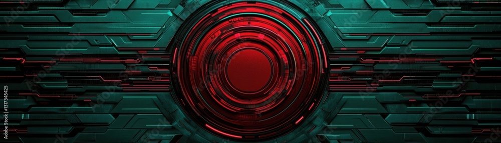 Poster futuristic abstract digital design showcasing intricate circular patterns with vibrant red and teal 