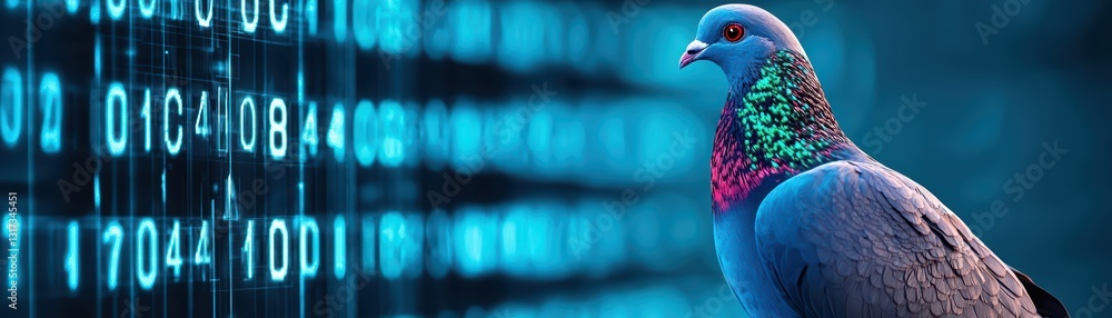 Poster a glowing carrier pigeon in a digital world delivering data and information in a tech environment